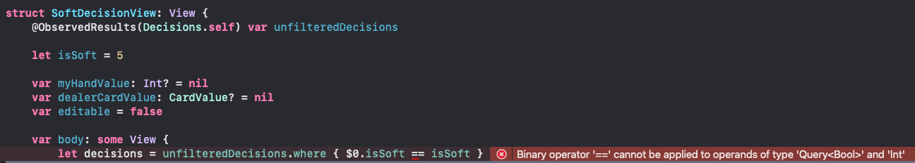 Xcode showing the error "Binary operator '==' cannot be applied to operands of type 'Query<Boo>' and 'Int'