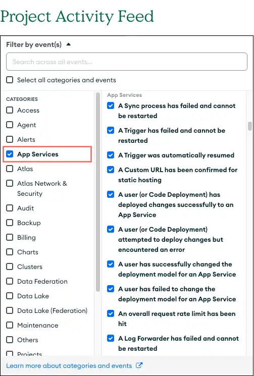 Filter App Services activities in the Atlas UI