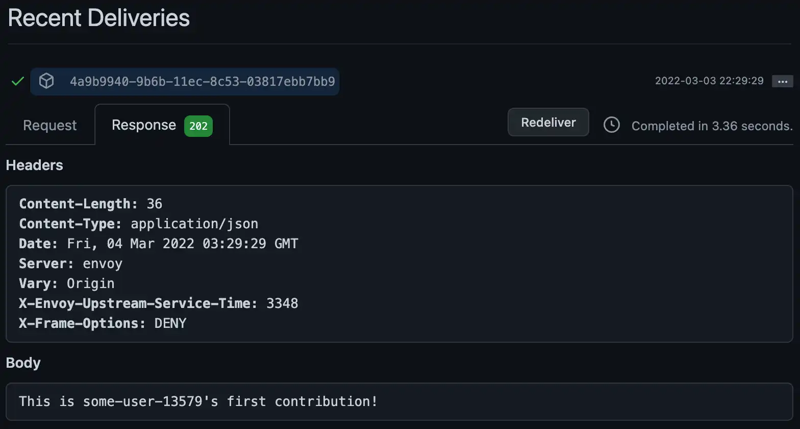 A log entry in GitHub that shows the custom endpoint's response for a first-time contributor