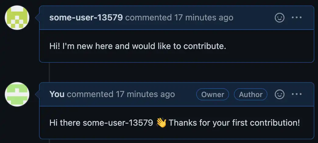 An example of the welcome comment in GitHub added by the endpoint.