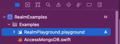 Screenshot of a file named RealmPlayground.playground in the Xcode Project navigator