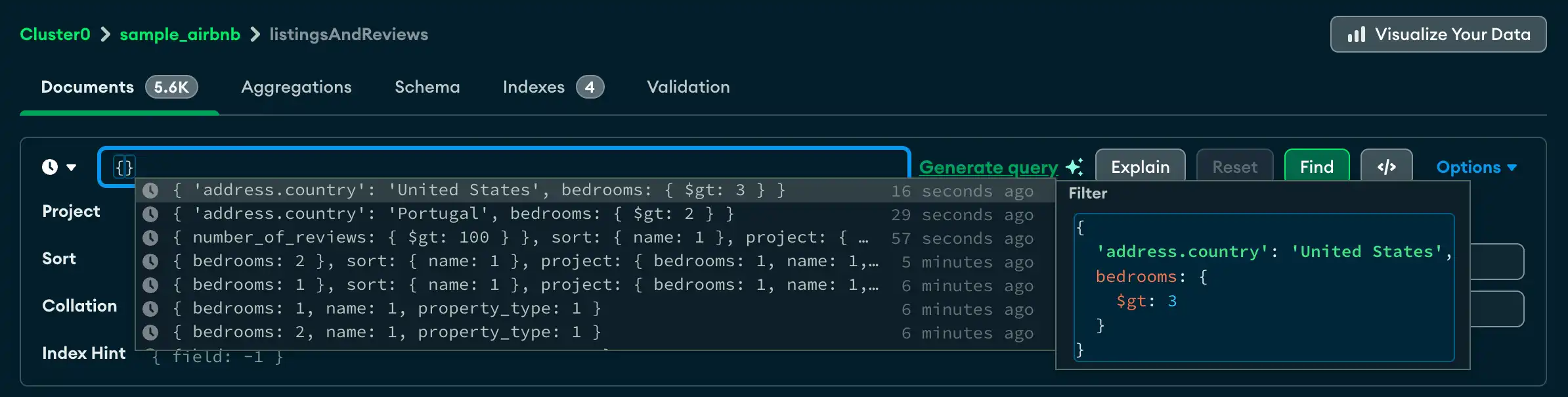 Atlas query autocomplete menu