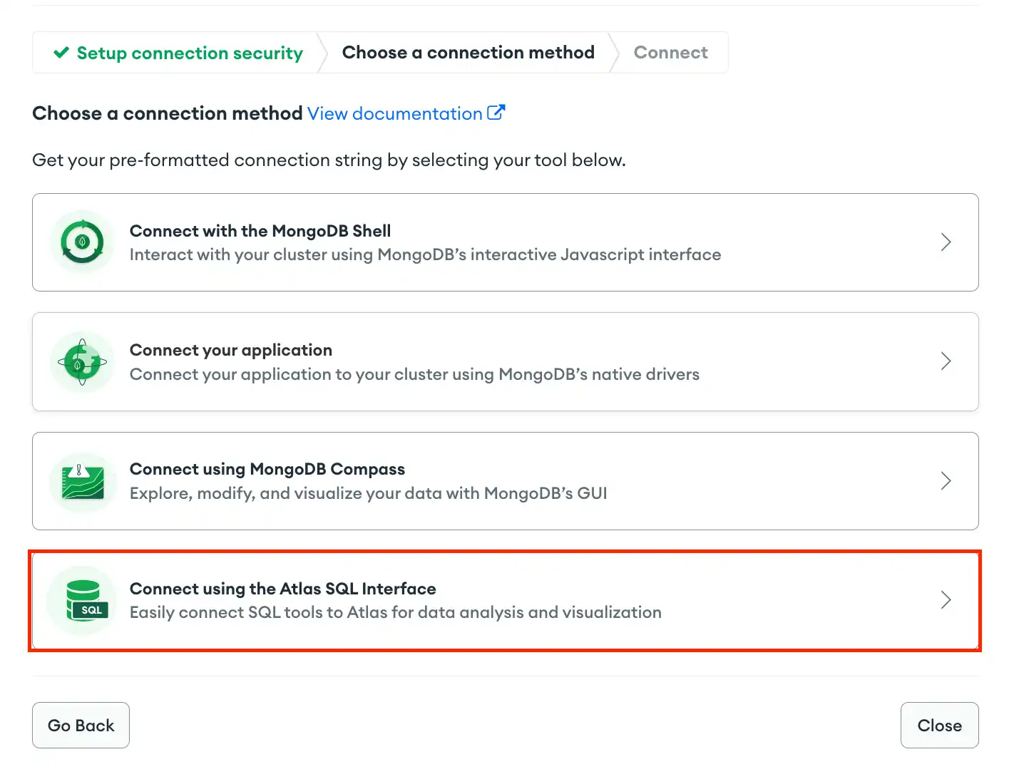 Screenshot of the Atlas connection modal with "Connect using the Atlas SQL Interface" option highlighted.