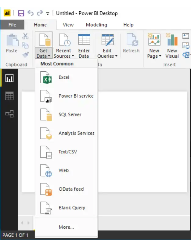 Screenshot of Power BI list of data sources