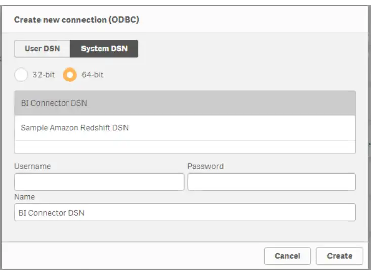 Screenshot of Qlik list of data sources