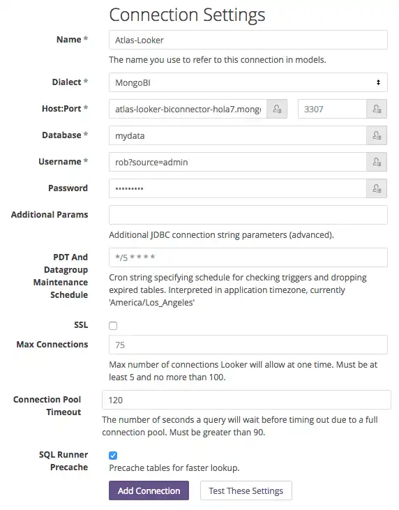 Screenshot of Looker Connection Settings modal