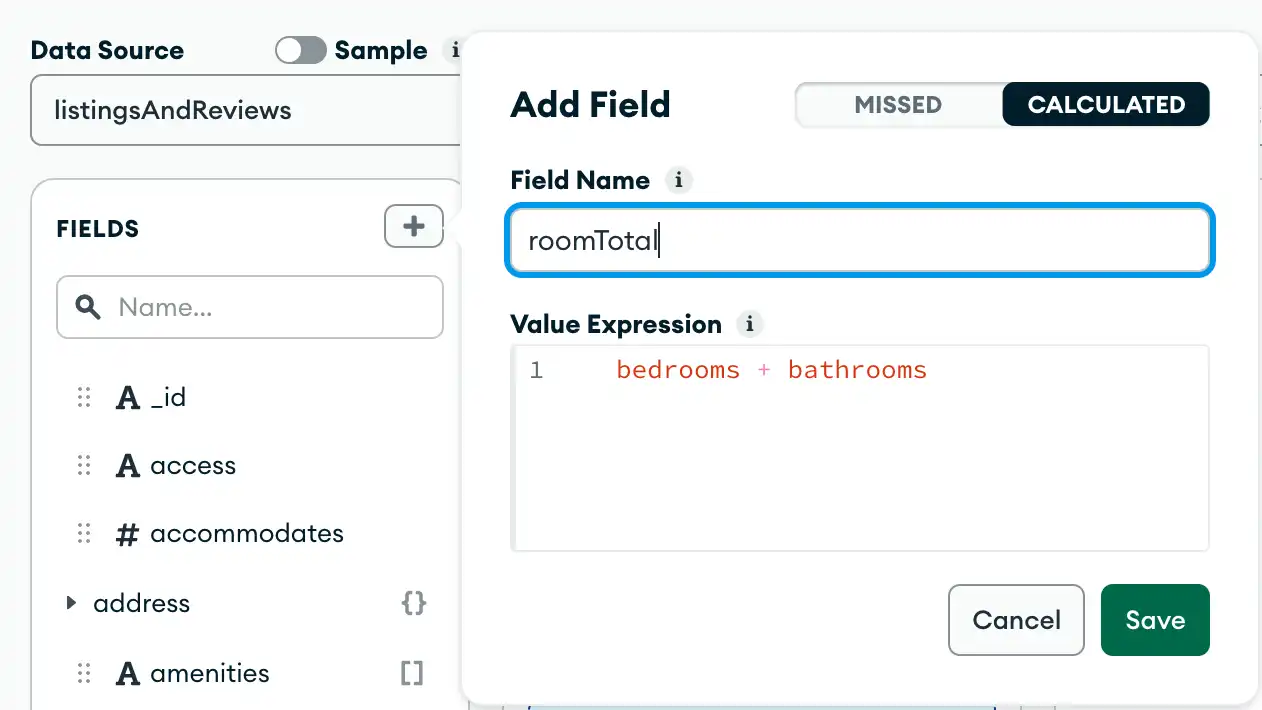 Click "Add Field", enter a field name and simple expressions definition, then click "Save Field".