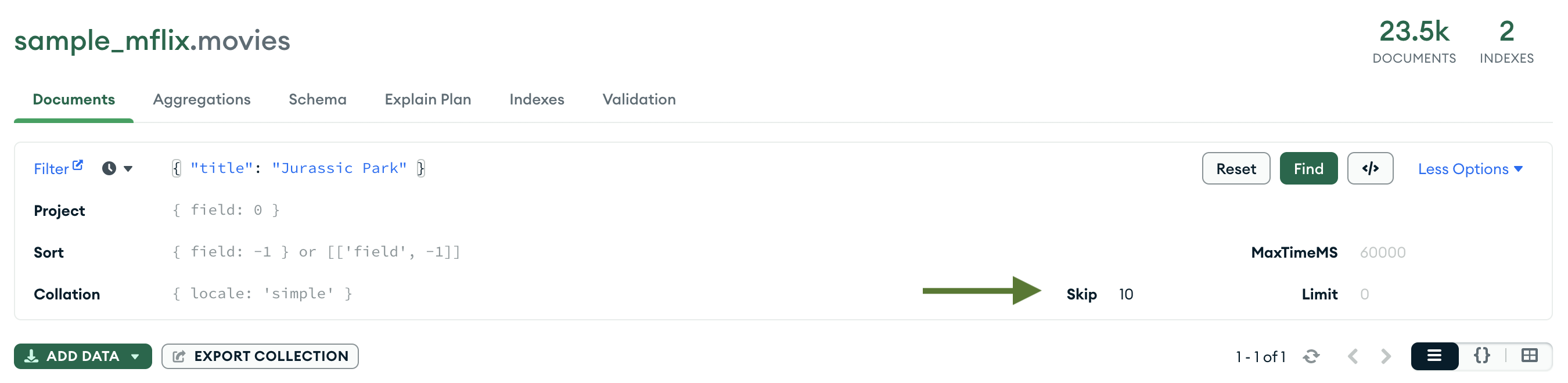 Skip a Number of Documents — MongoDB Compass