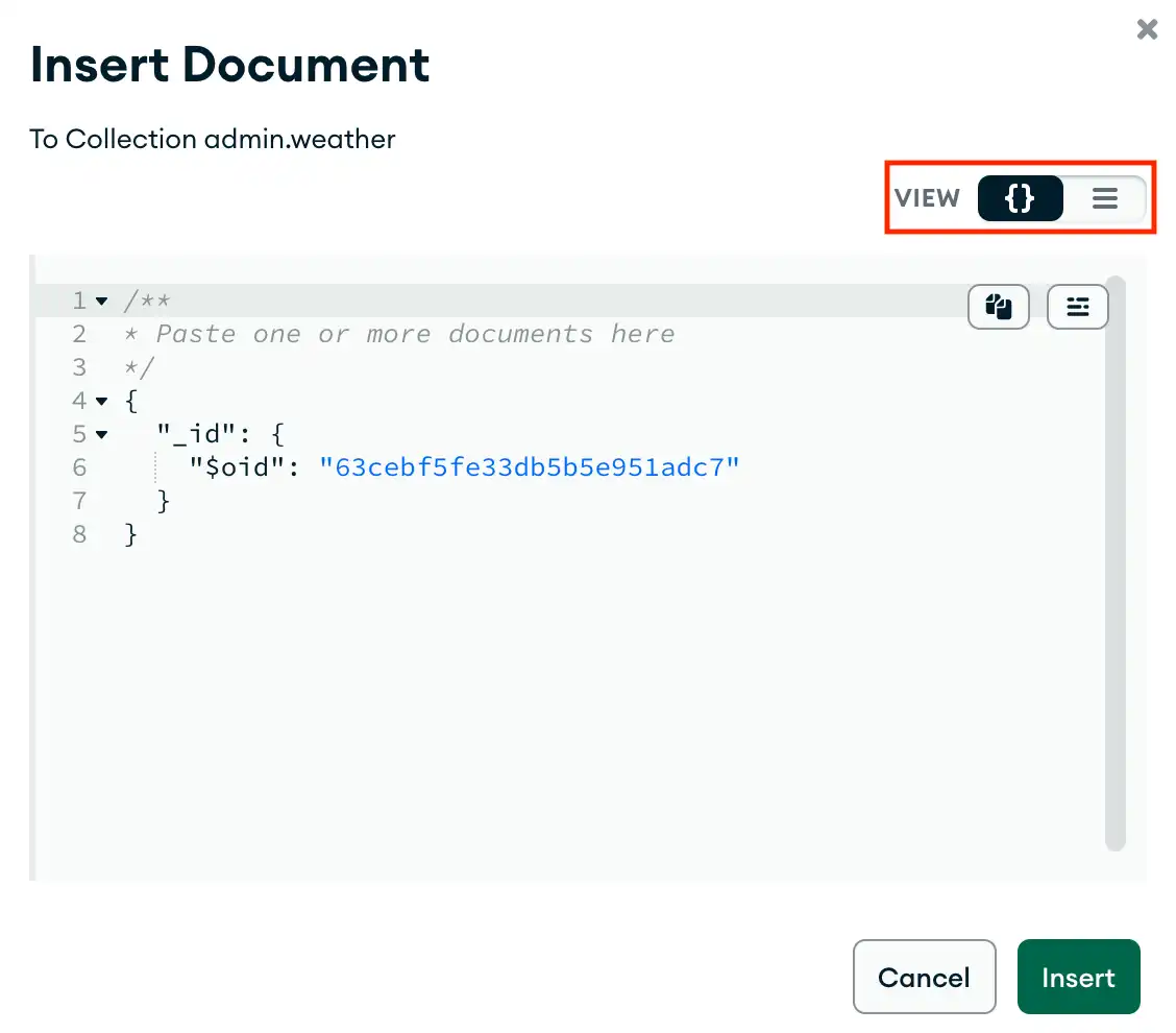 Insert document in JSON view