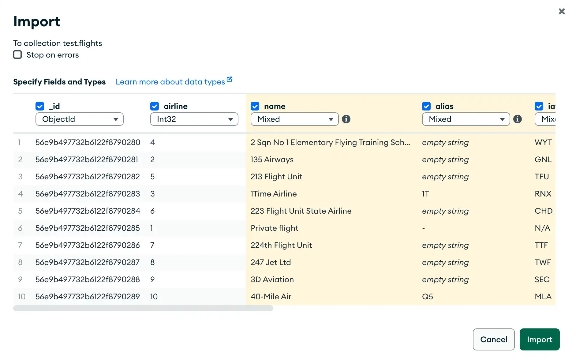 Select fields to import from a CSV file