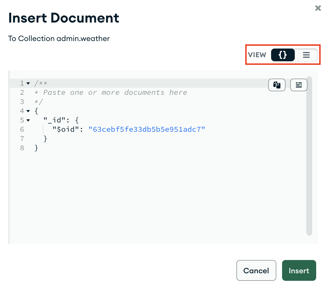 Insert document in JSON view