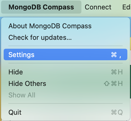 Settings panel location under the MongoDB Compass system menu