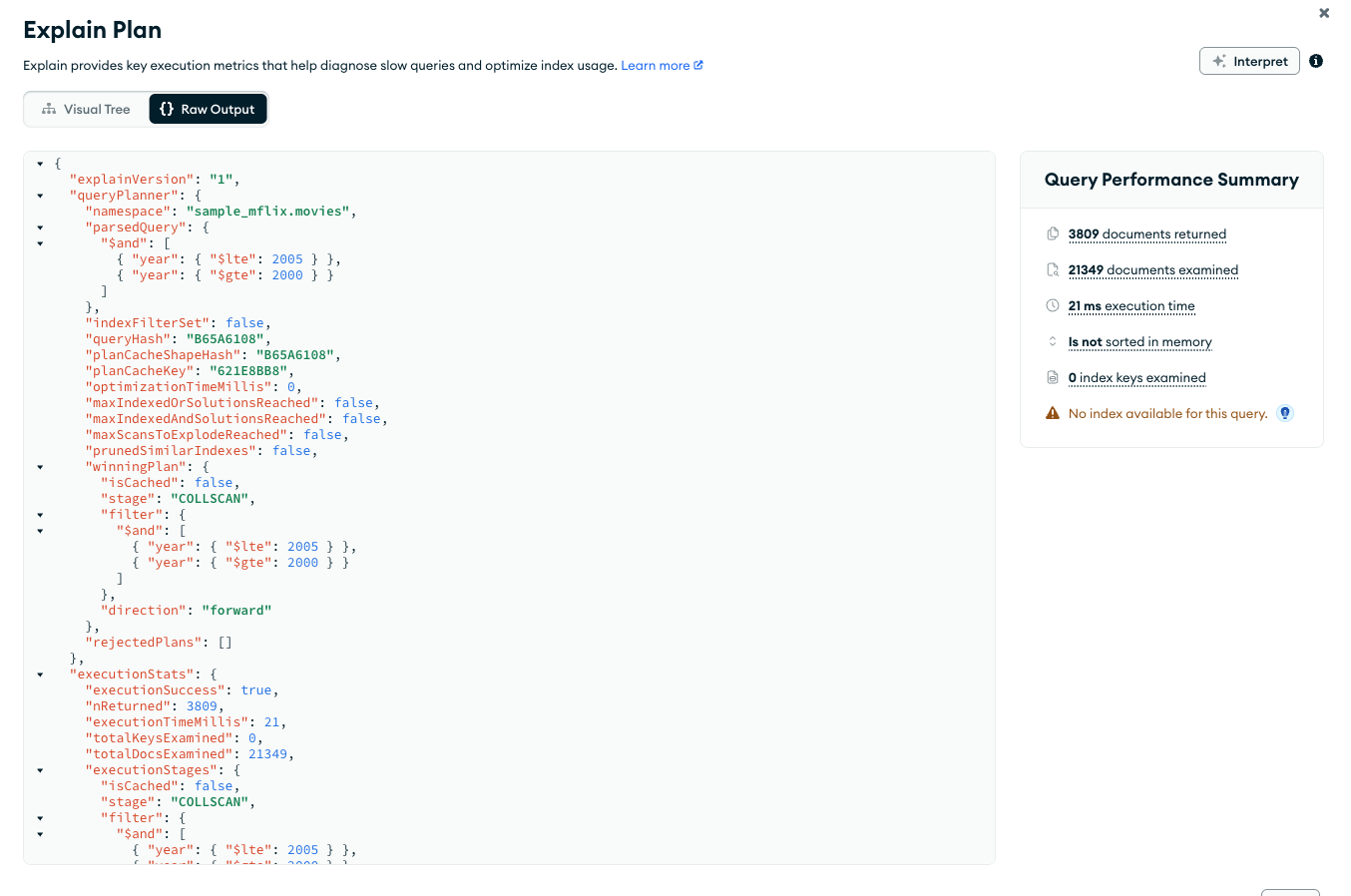 Compass no-index query plan raw JSON