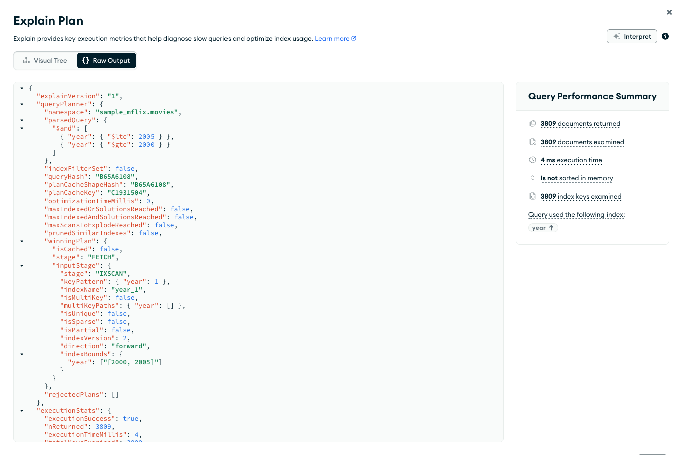 Compass explain plan with year index raw JSON