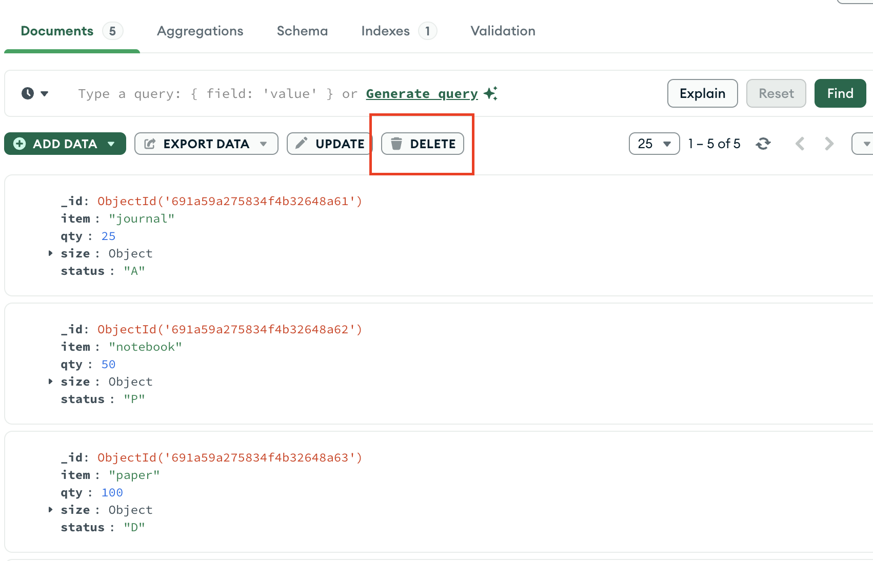 MongoDB Compass showing the Documents tab with the DELETE button highlighted.