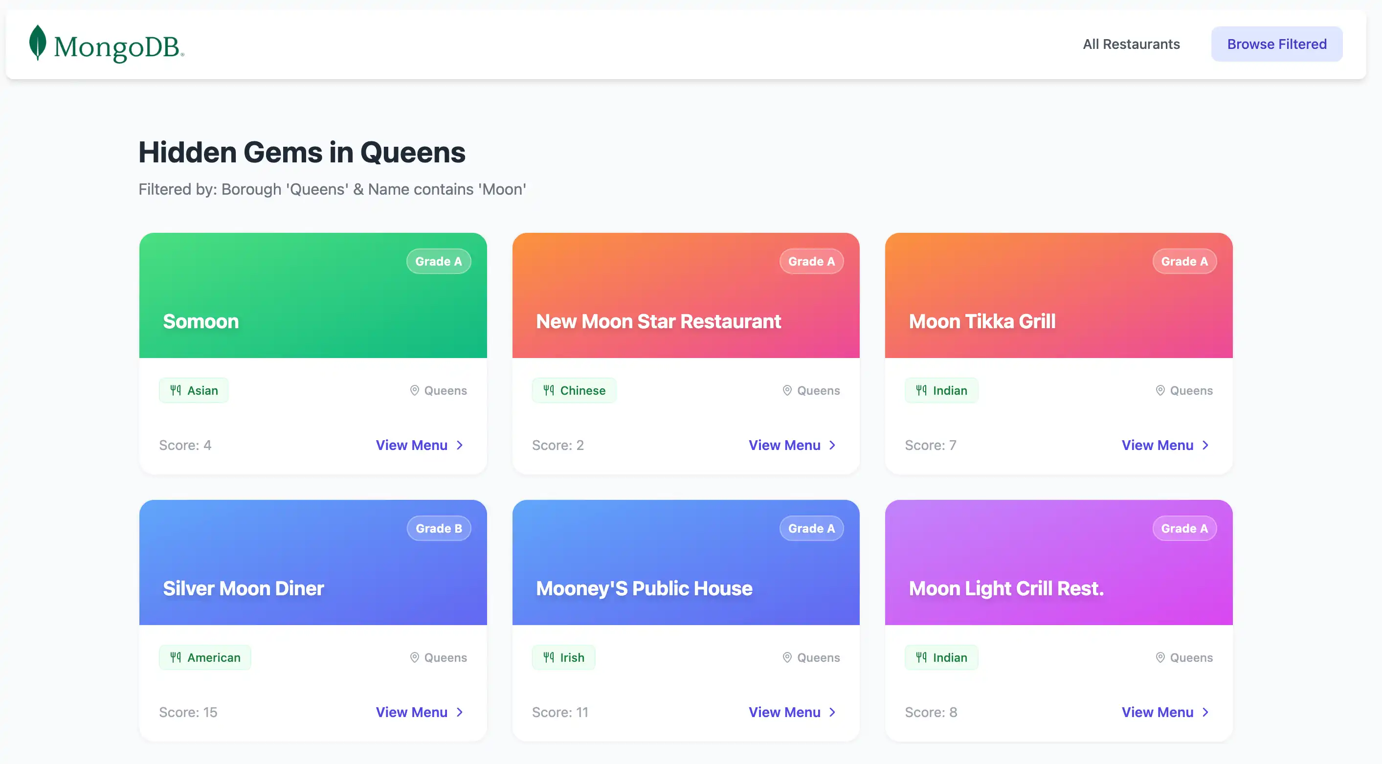 The filtered restaurants page that displays all restaurants in Queens with names that contain the word Moon.
