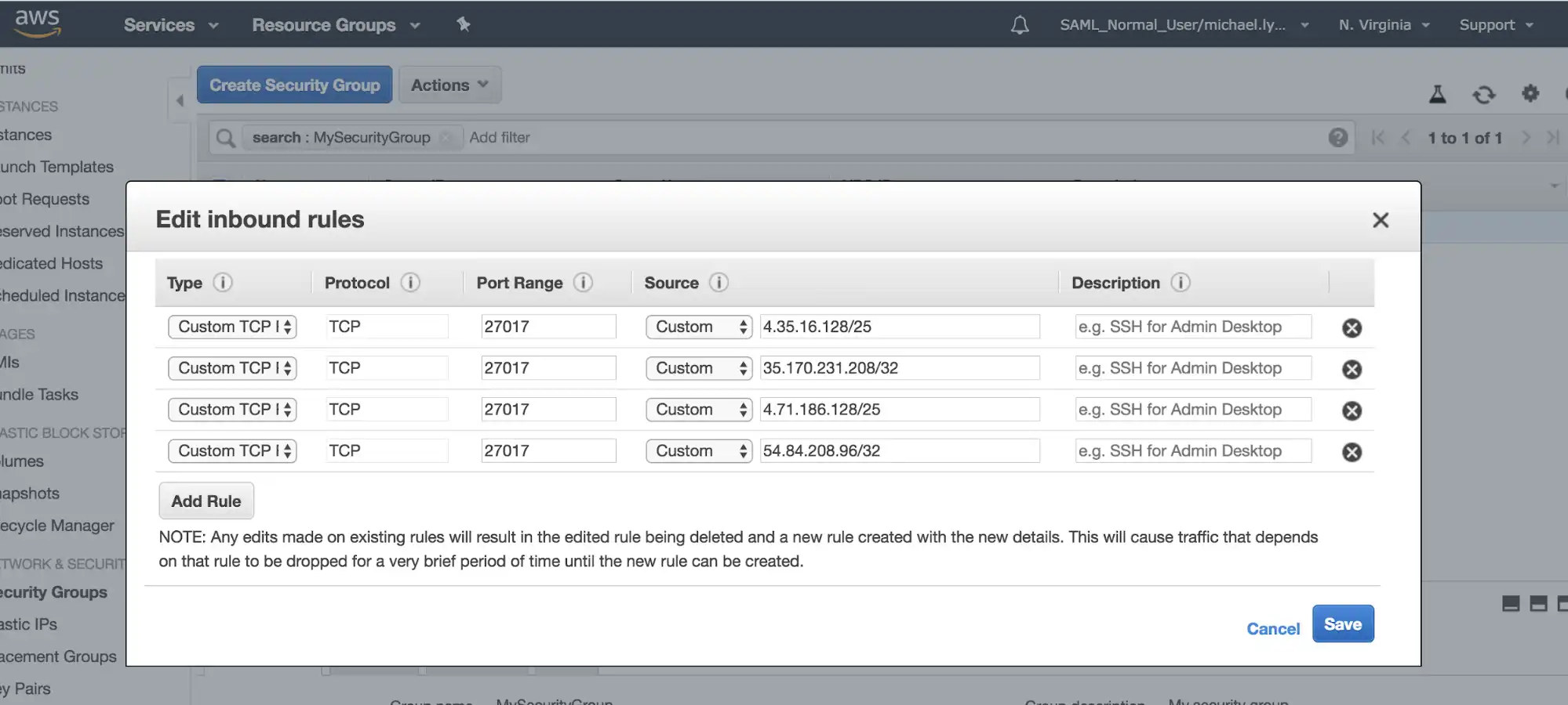 Image shows editing and adding inbound rules.