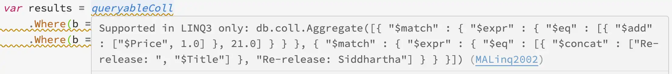 Screenshot of LINQ expression with MALinq2002 rule message