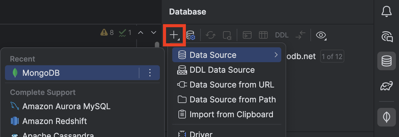 Click the + icon and select MongoDB from the drop-down menu.