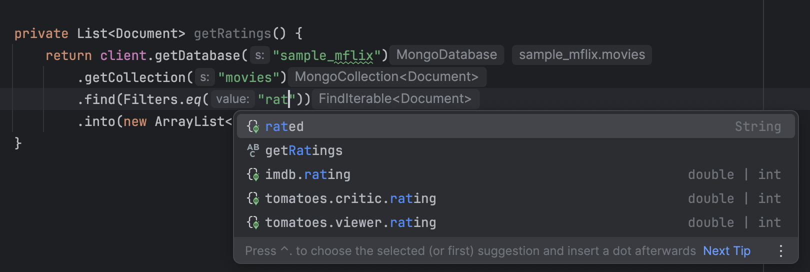 Autocomplete document field names in the IntelliJ Plugin.