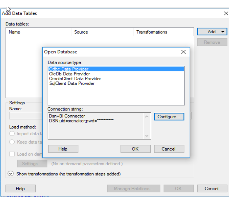 Screenshot of the Spotfire Open Database dialog