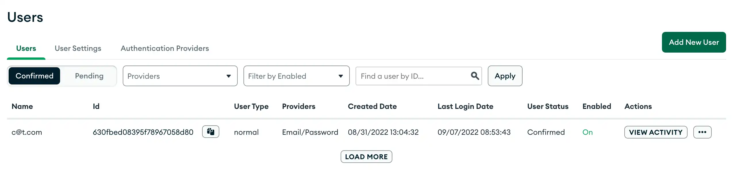 La pantalla de Usuarios en la interfaz de usuario, que muestra una lista con filtro de todos los usuarios
