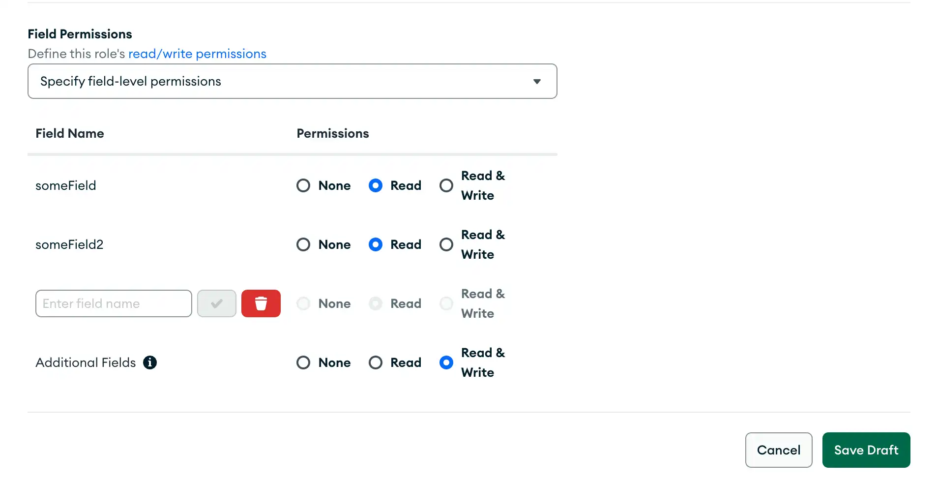 Un rol con permiso para escribir en algunos campos, pero no en todos.