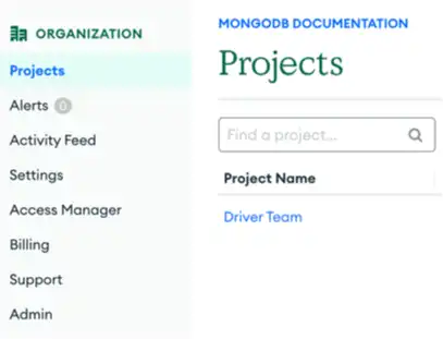 El menú de navegación izquierdo con la selección del proyecto resaltada