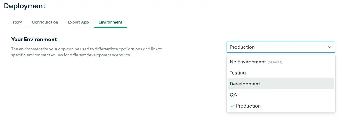 El selector de entorno en la interfaz de usuario de App Services