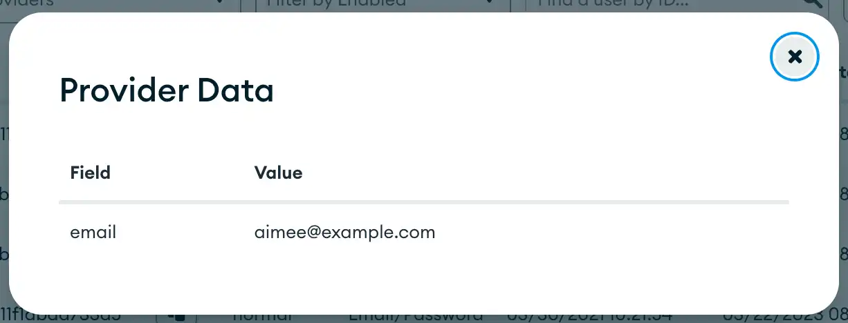 Una vista detallada para un usuario específico que enumera metadatos sobre él provenientes de un proveedor de autenticación