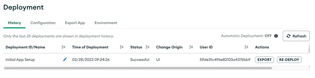 La tabla de registros del historial de implementación de aplicaciones en la interfaz de usuario de App Services