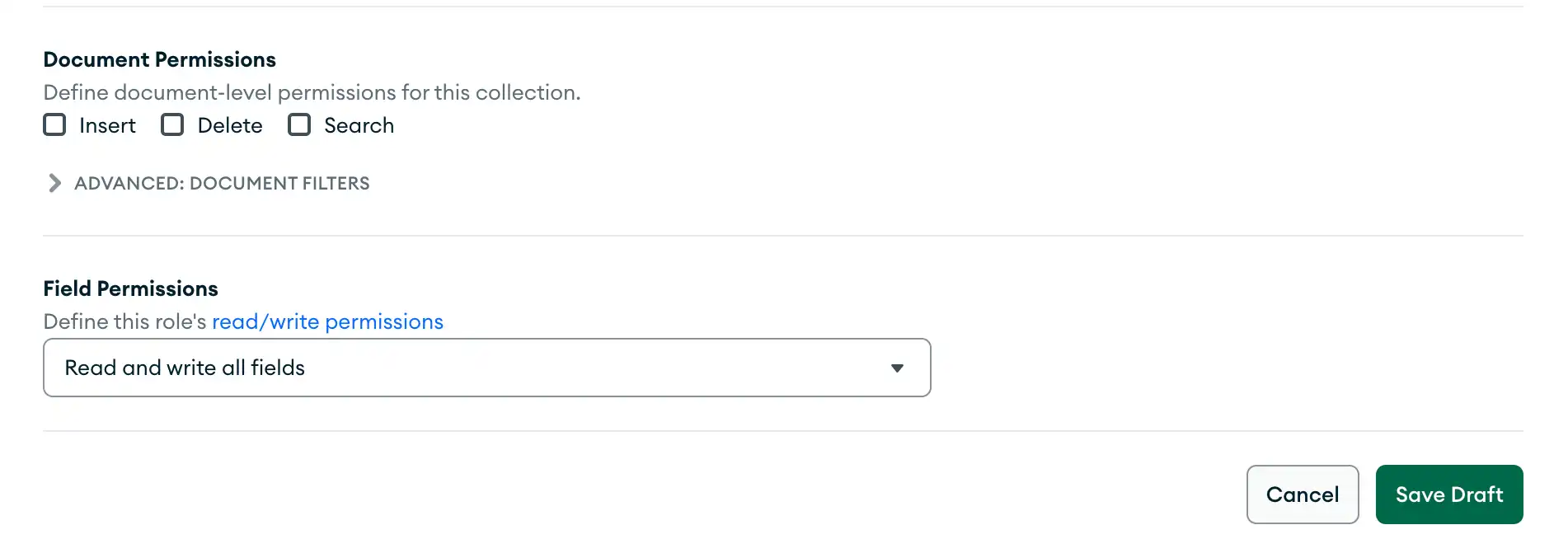 Un rol que no tiene permiso para insertar nuevos documentos
