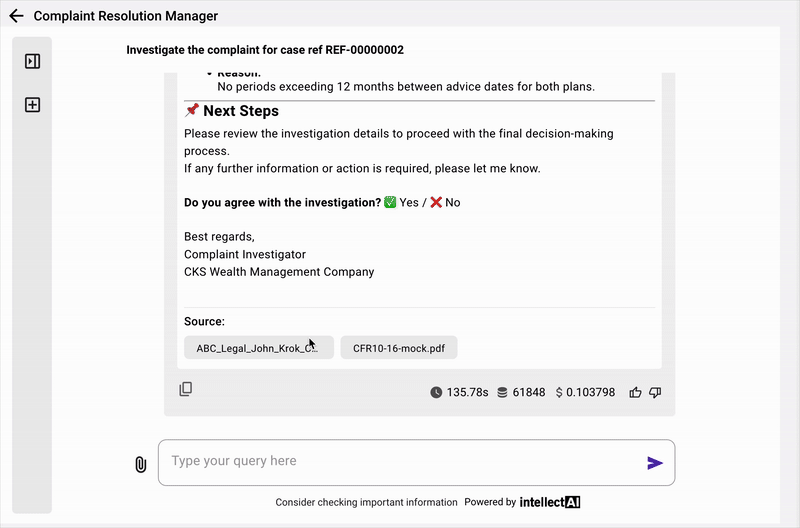 Toda información está respaldada por evidencia. "Fuentes" revela qué documentos se utilizaron y cómo, lo que proporciona una trazabilidad completa desde la queja hasta la conclusión.