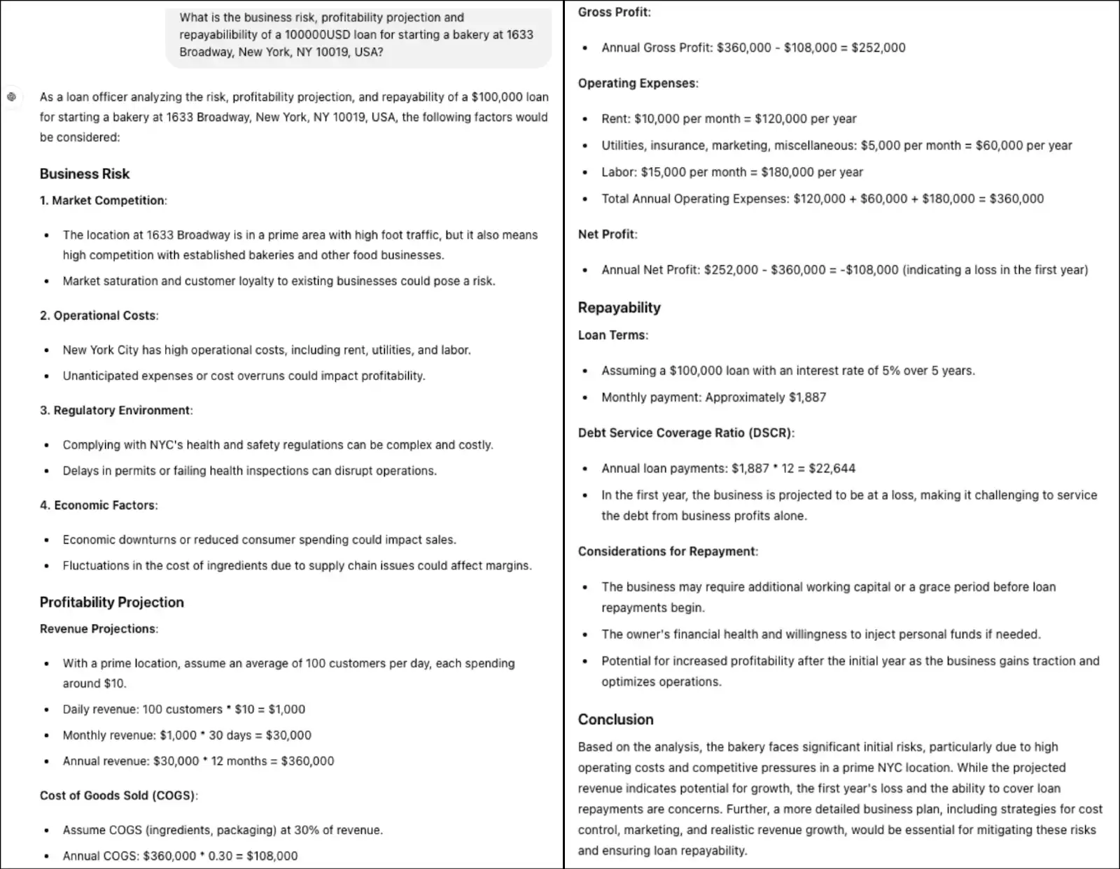 Ejemplo de cómo ChatGPT-4o podría responder cuando se le pide que evalúe el riesgo de un préstamo comercial