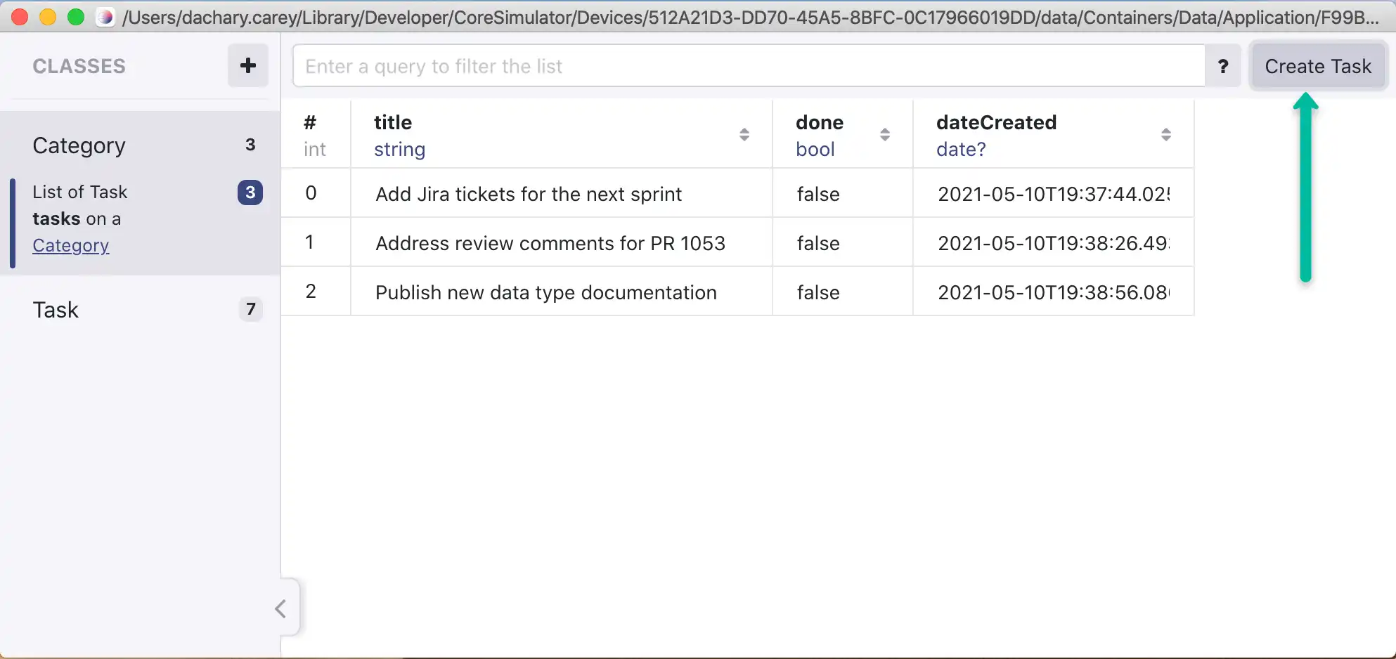 Captura de pantalla de Realm Studio mostrando los objetos de tareas que pertenecen a la categoría “Trabajo” y el botón “Crear tarea”.
