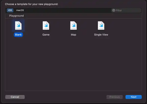Captura de pantalla de los tipos de iOS de Xcode Playground con la opción en blanco seleccionada