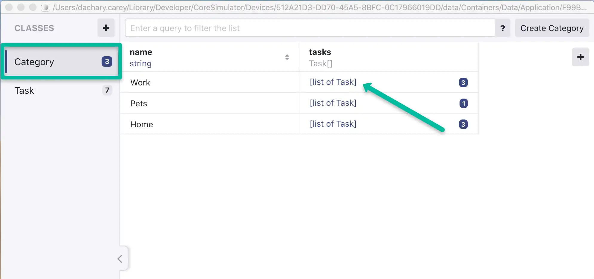 Captura de pantalla de Realm Studio que muestra la clase de categoría seleccionada y la "lista de tareas" para la vista de categoría.