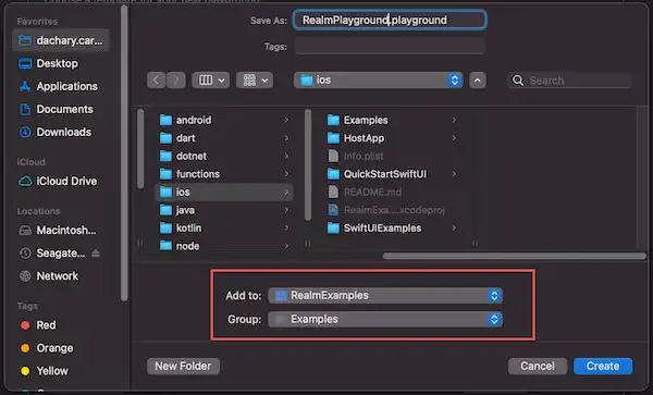 Captura de pantalla del Navegador de archivos con un nombre de archivo de Playground y el proyecto seleccionado