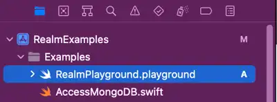 Captura de pantalla de un archivo llamado RealmPlayground.playground en el navegador de proyectos de Xcode