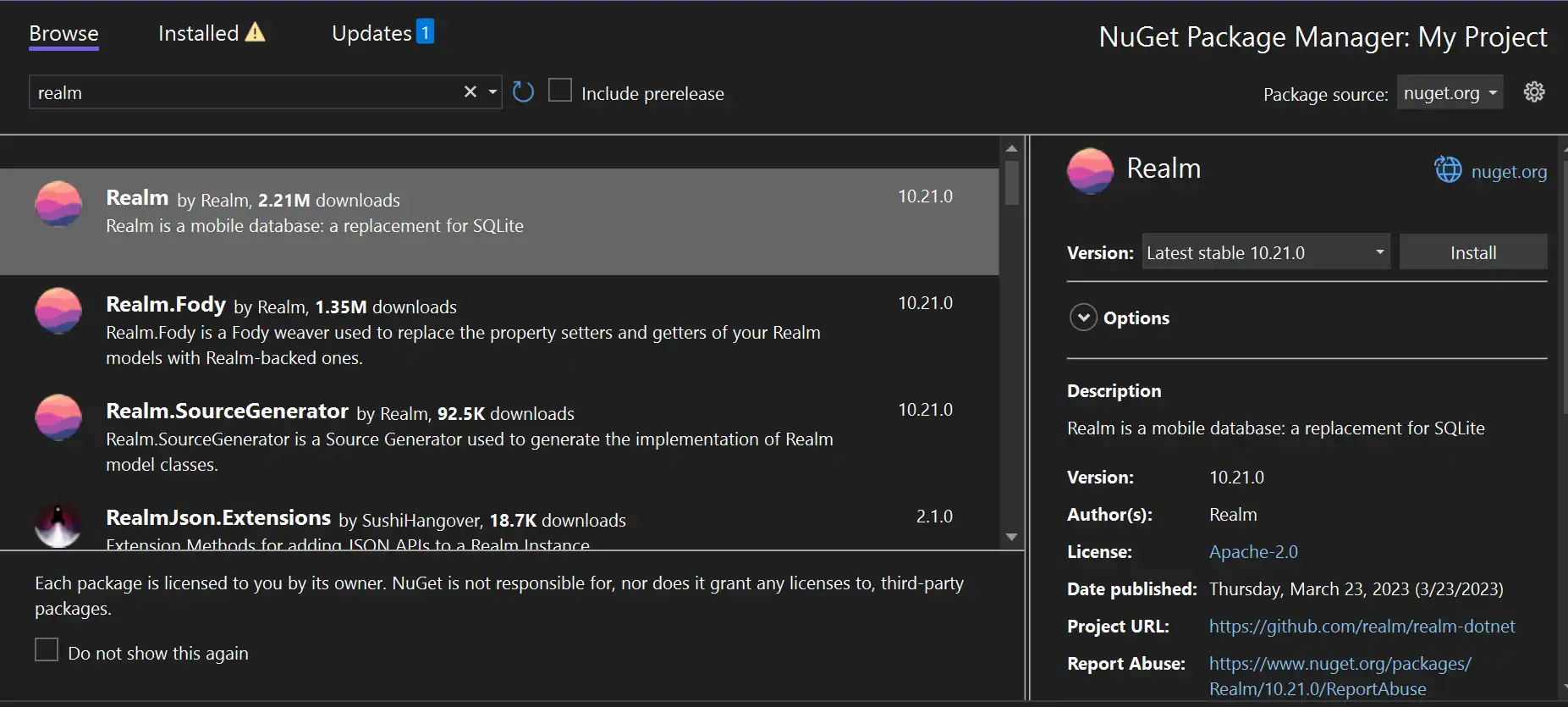 Busca Realm y agrégalo a tu(s) proyecto(s).
