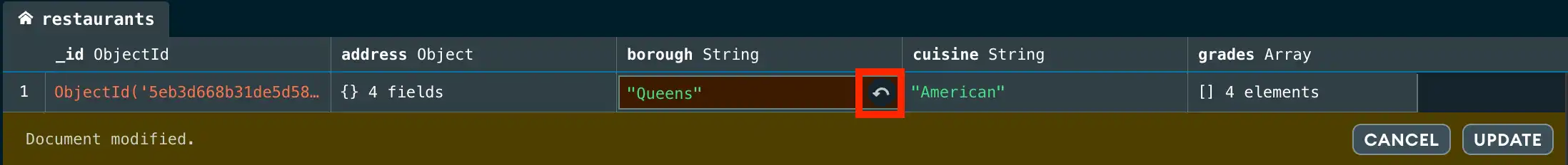 Revertir cambios en el documento en la vista de tabla
