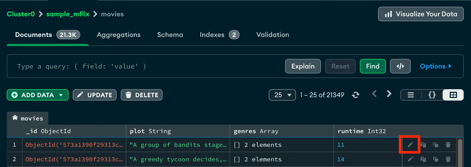 Selección de edición de documento en vista de tabla