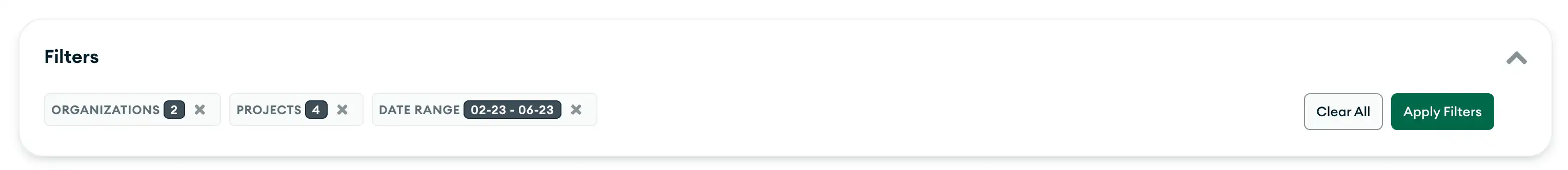Un cuadro de filtro colapsado con opciones para organizaciones, proyectos y fechas de inicio y finalización.