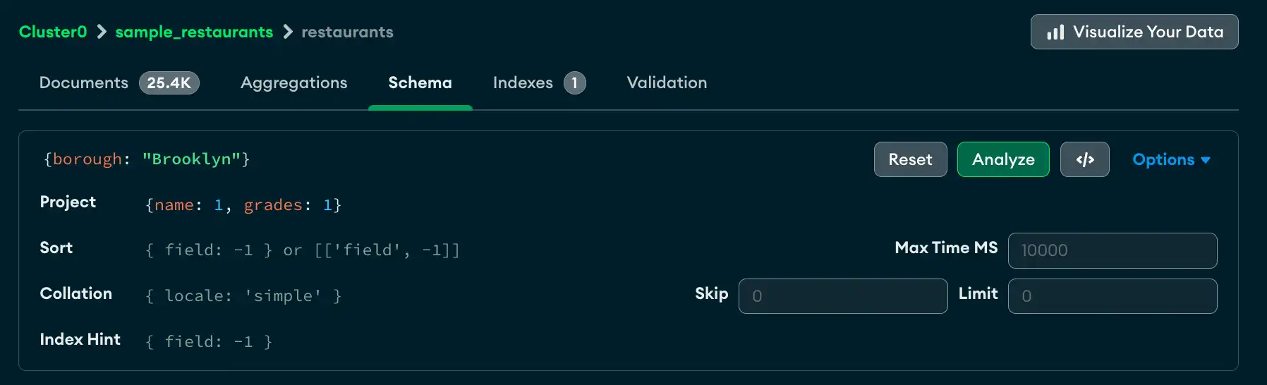 Vista del esquema de la barra de consulta