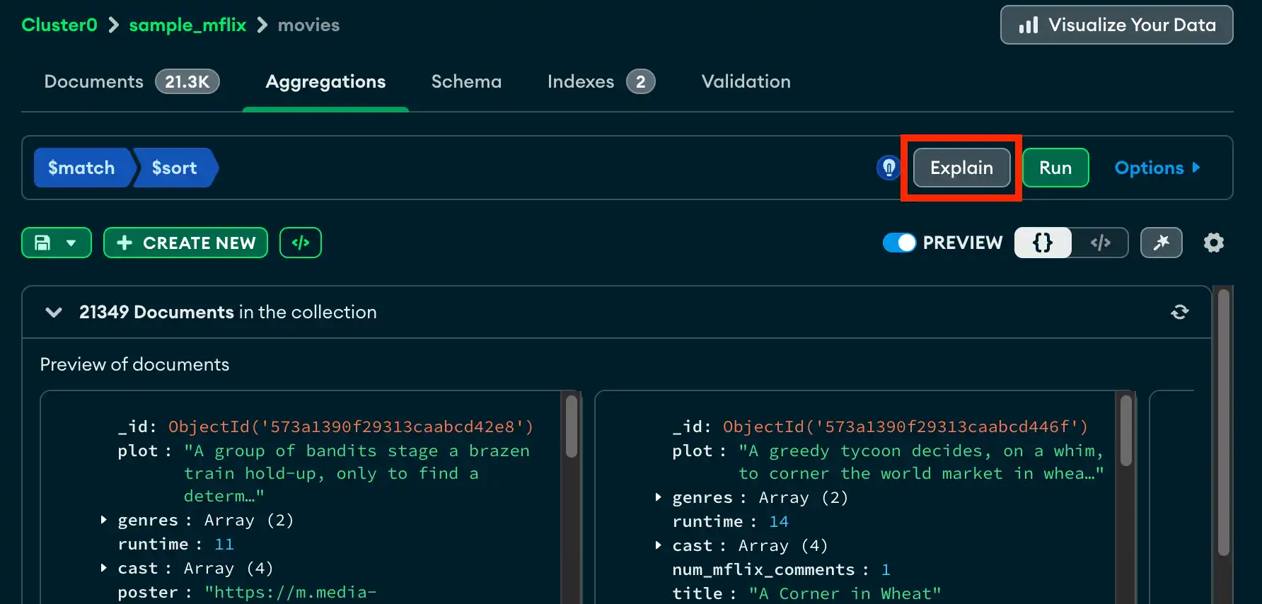 Botón de explicación en la canalización de agregación