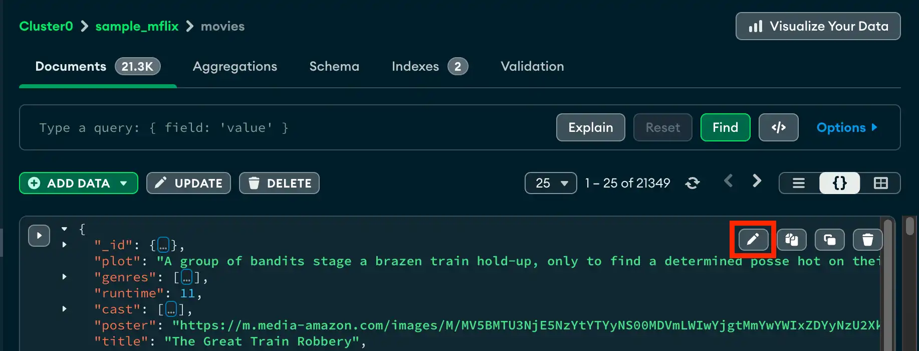 Selección de edición de documentos en la vista JSON