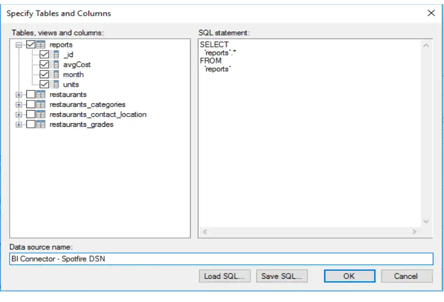 Captura de pantalla del cuadro de diálogo Especificar tablas de Spotfire