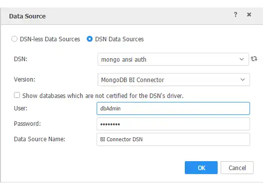 Captura de pantalla de la ventana emergente de MicroStrategy DSN