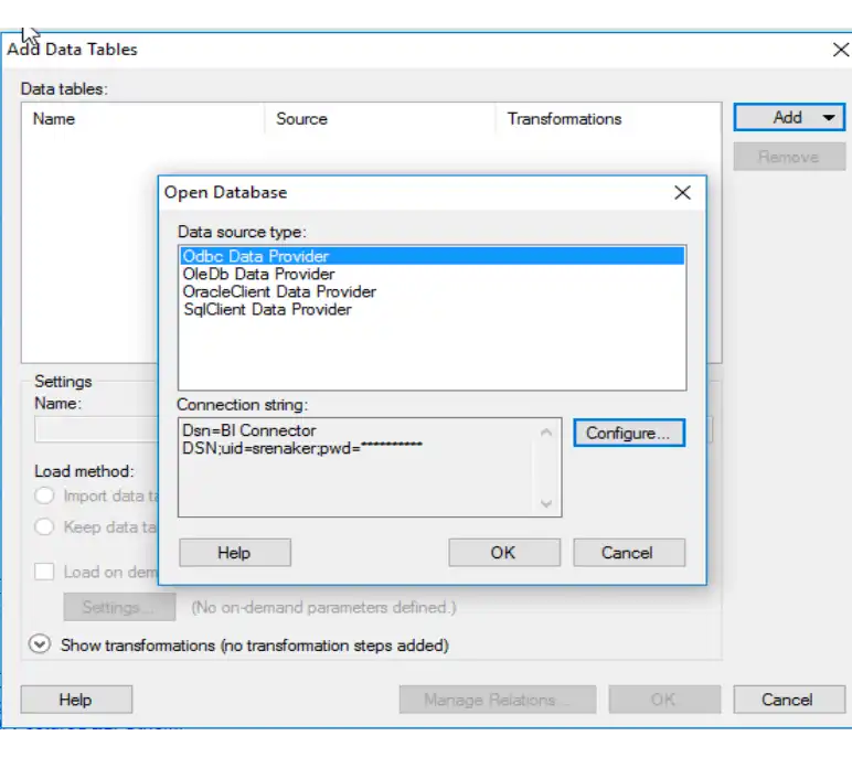 Captura de pantalla del cuadro de diálogo Abrir base de datos de Spotfire