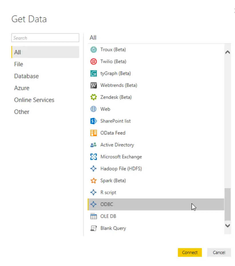 Captura de pantalla de la lista de fuentes de datos de Power BI